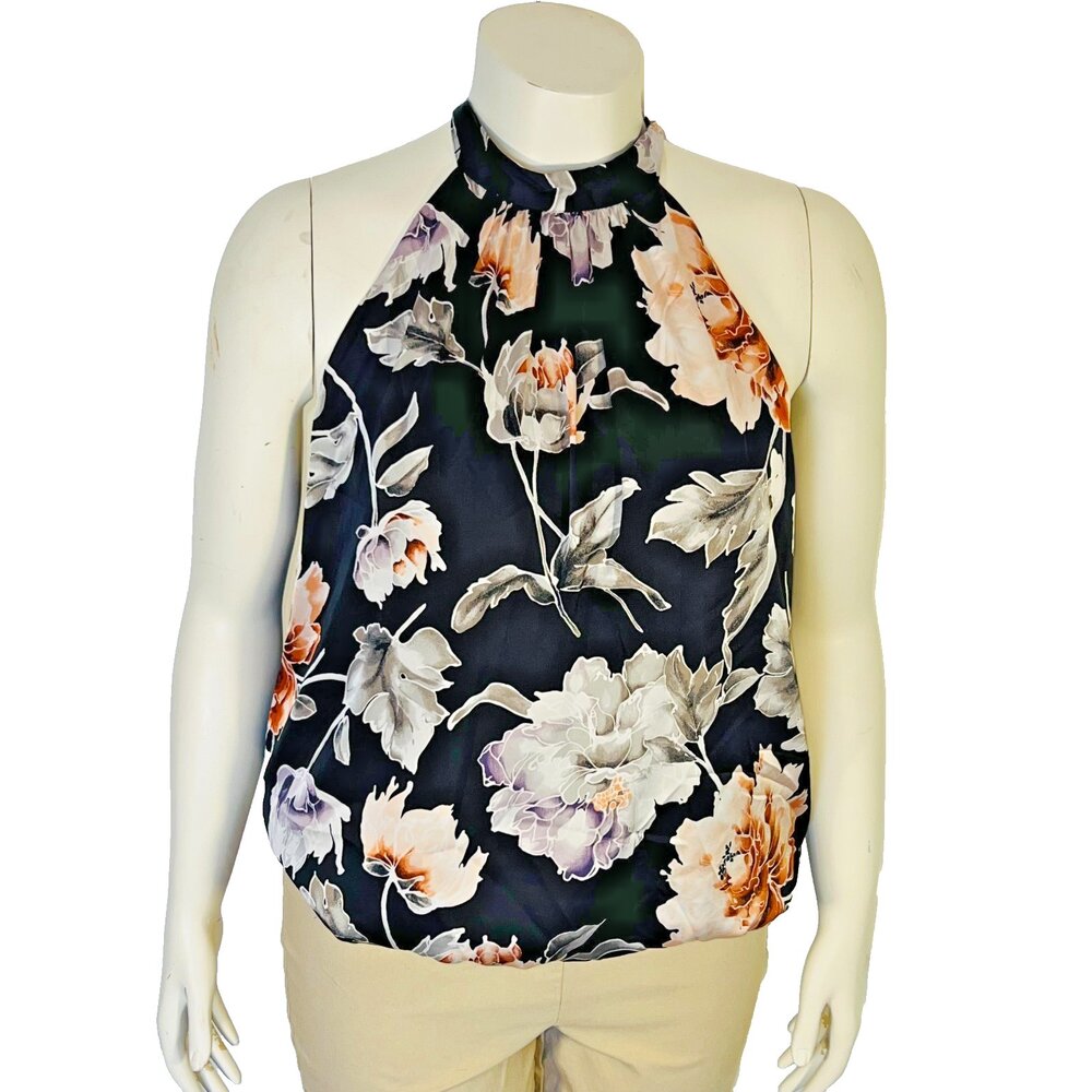 WHBM Tank Blouse Womens Size L Brushed Satin Floral Bubble Hem Halter Tie Neck